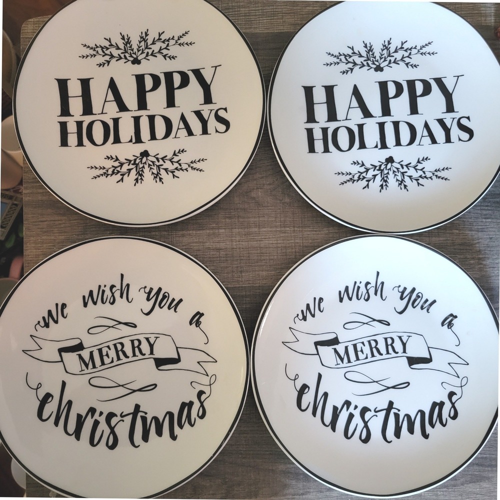 American Atelier Christmas Holiday Salad Plates Set of 4 Stoneware Black White